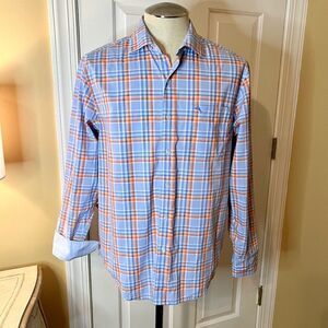 EUC Men's Tommy Bahama Blue Orange White Plaid Button Front Shirt Size MEDIUM